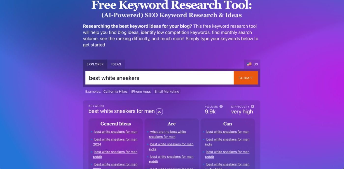 Ryan Robinson's Free Keyword Research Tool, our pick for the best simple and free keyword research tool