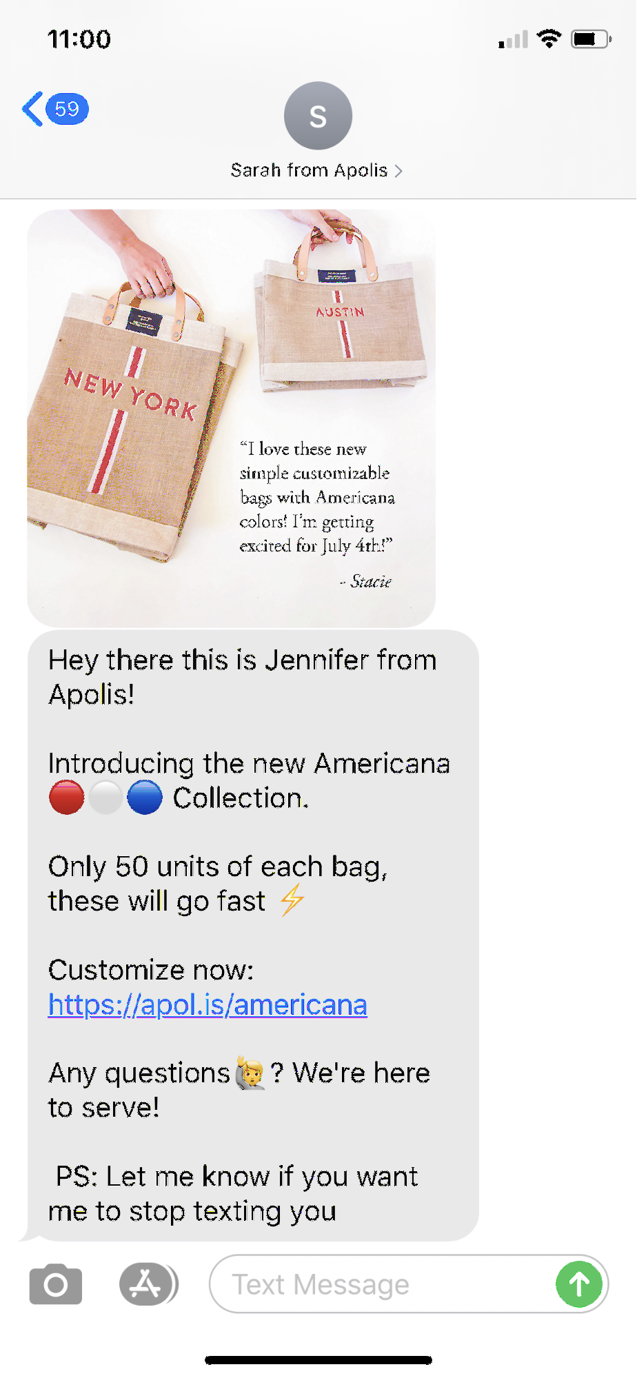 A follow-up text from a brand after someone purchases