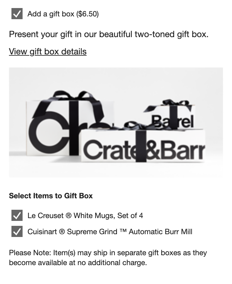 Screenshot of gift wrapping option on Crate and Barrel's website.