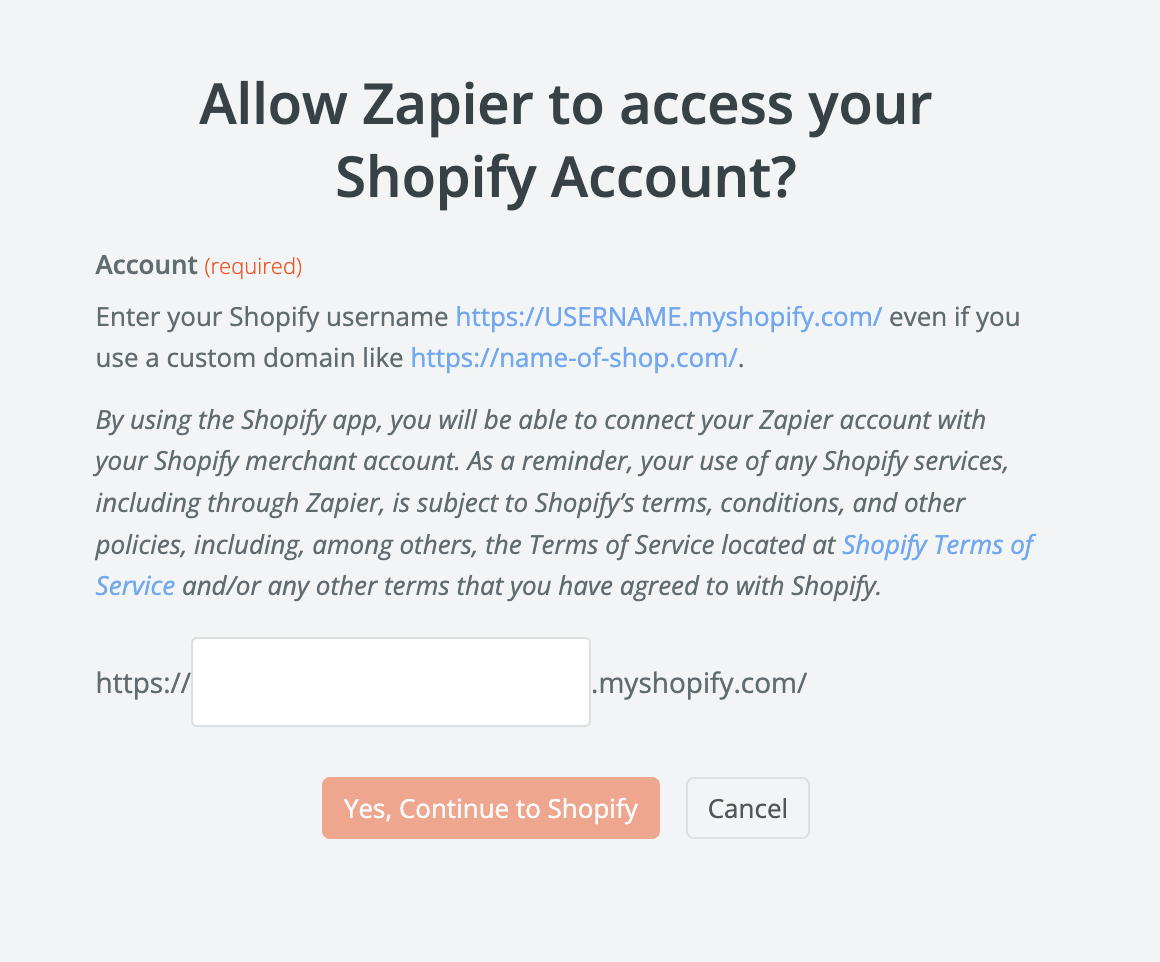 Zapier permissions popup asks for access to your Shopify account