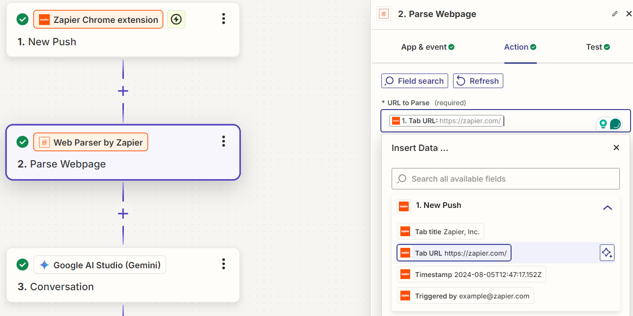 A web parser step in the Zap editor with Tab URL selected in the URL to Parse field.