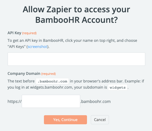 A pop-up window that asks Allow Zapier to access your BambooHR Account? with fields to enter your API key and company domain.