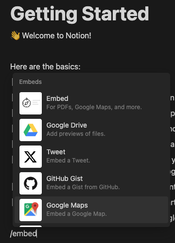 An image displays the embed tool in Notion