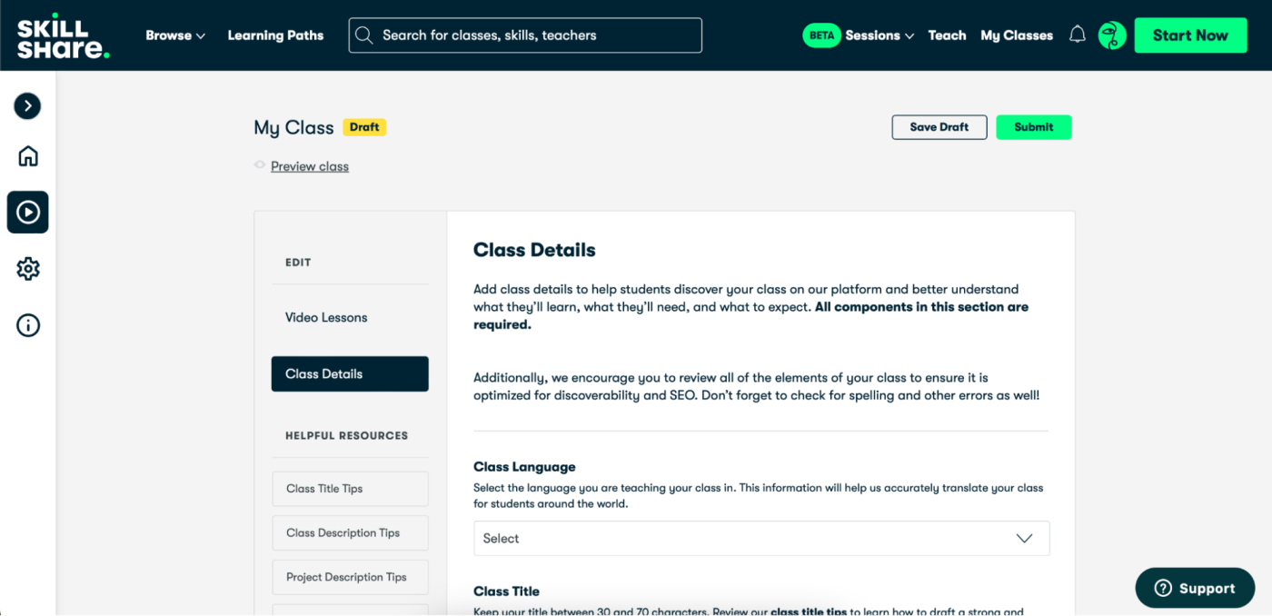 The interface for Skillshare, our pick for the best online course marketplace for teaching creative skills