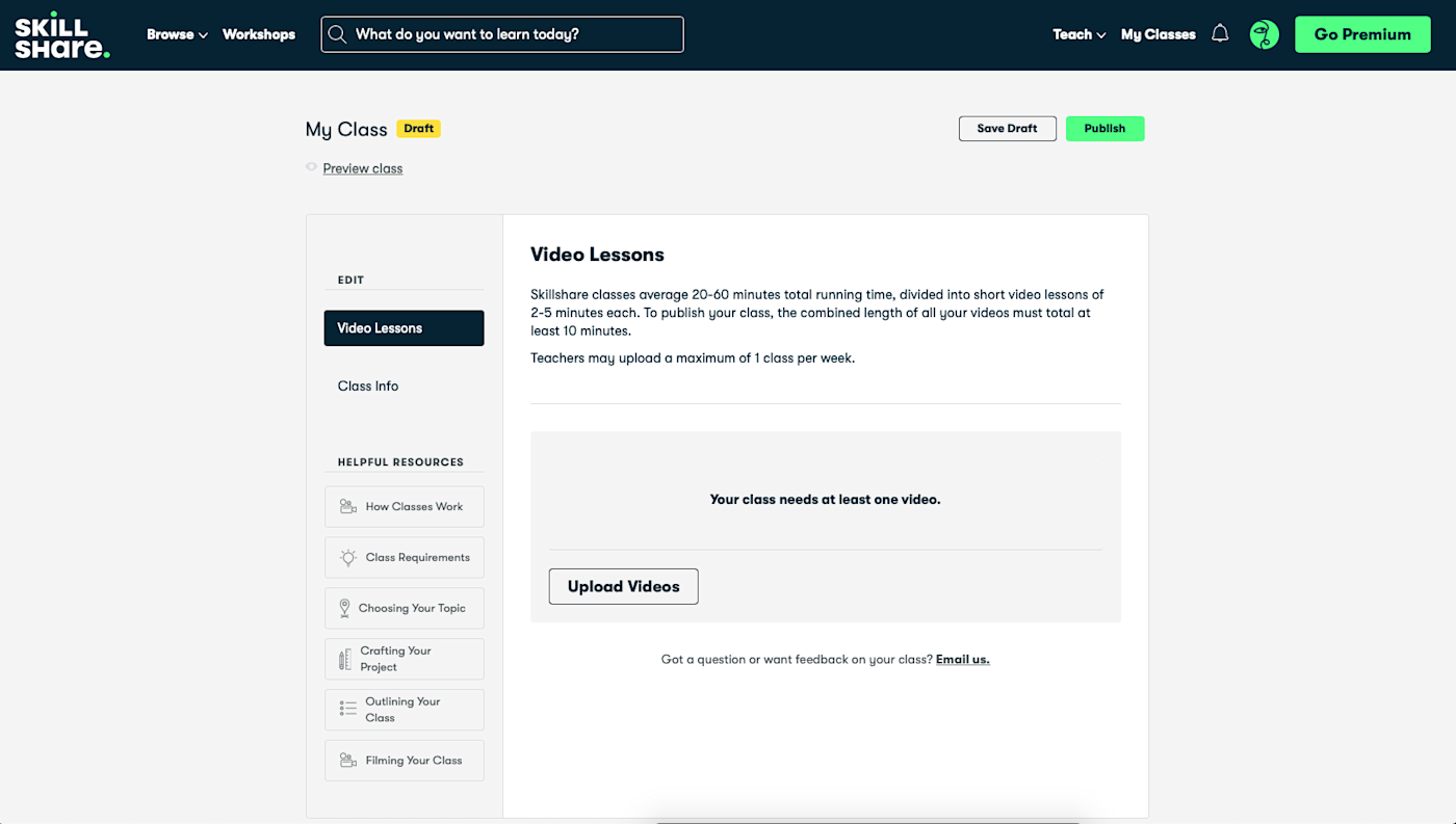 The interface for Skillshare, our pick for the best online course marketplace for teaching creative skills