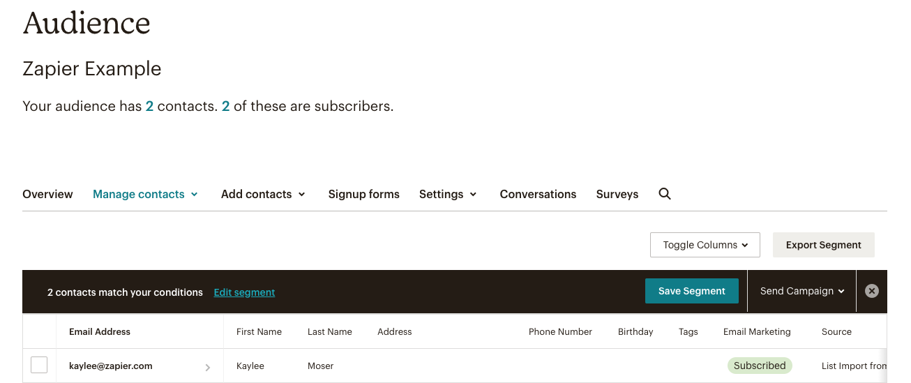 The Audience page in a Mailchimp account with an email added to the Zapier subscriber list. 