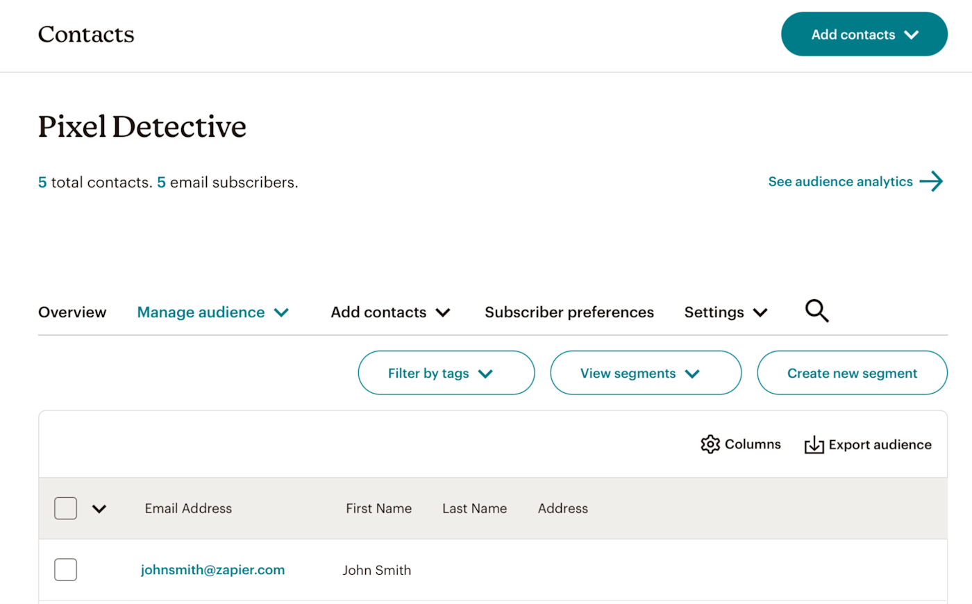 The Audience page in a Mailchimp account with an email added to the Zapier subscriber list. 