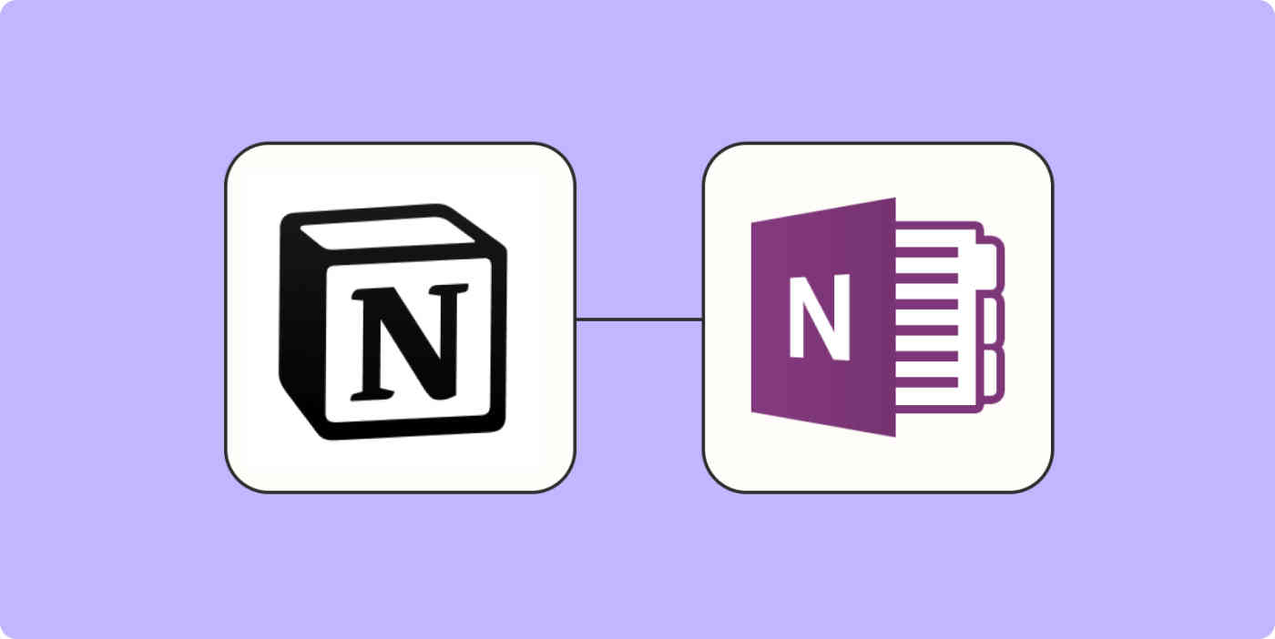 A hero image of the Notion app logo connected to the OneNote app logo on a light purple background.