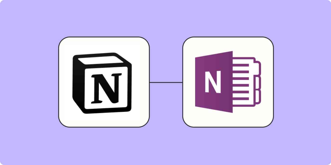 A hero image of the Notion app logo connected to the OneNote app logo on a light purple background.