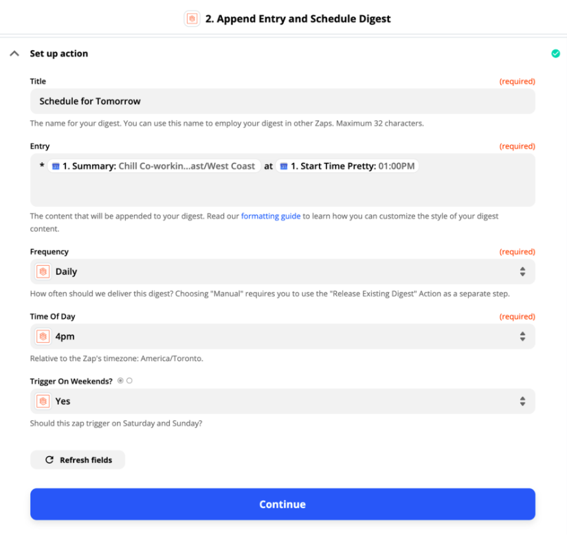Set-up page for "Append entry and schedule digest"