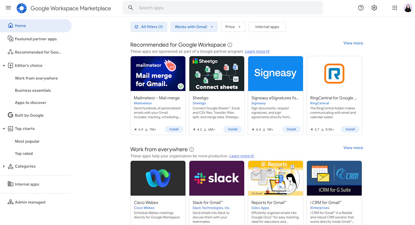Google Workspace Marketplace with a list of Gmail add-ons. 
