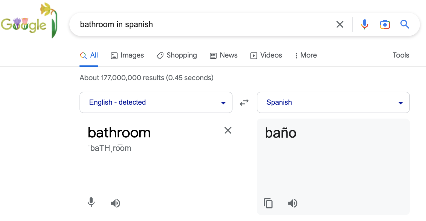 The Spanish translation for the English word bathroom is displayed at the top of a Google Search results page with the words bathroom in Spanish in the search bar.