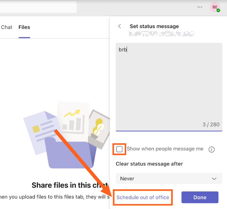 Screenshot of Teams status message window with Schedule out of office link