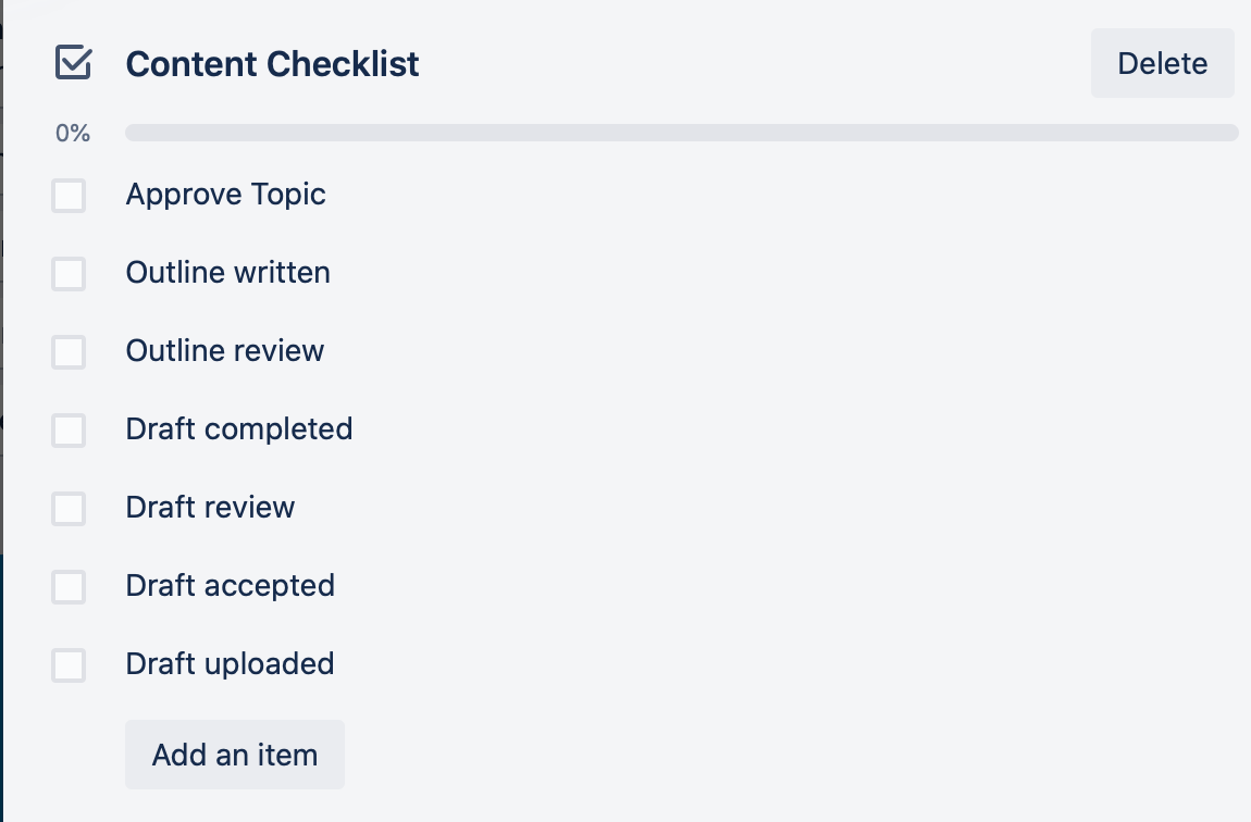 One of Ana's checklists in Trello, with a 0% completion bar across the top. None of the items are checked off.