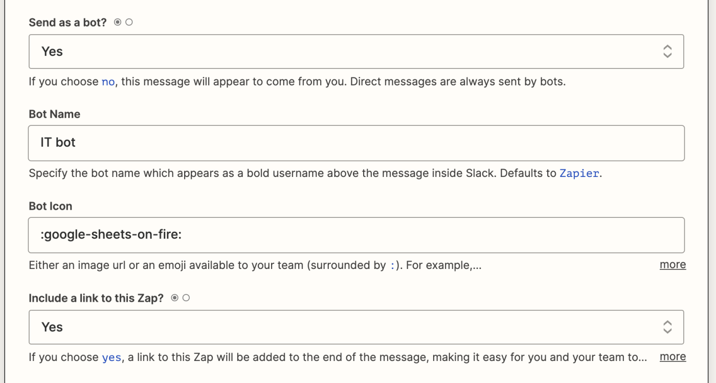 A selection of fields to customize your Slack message.