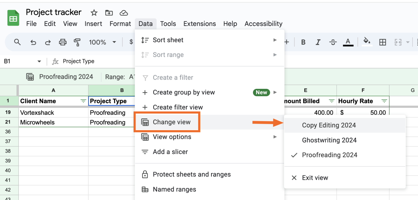 How to change filter views in Google Sheets.