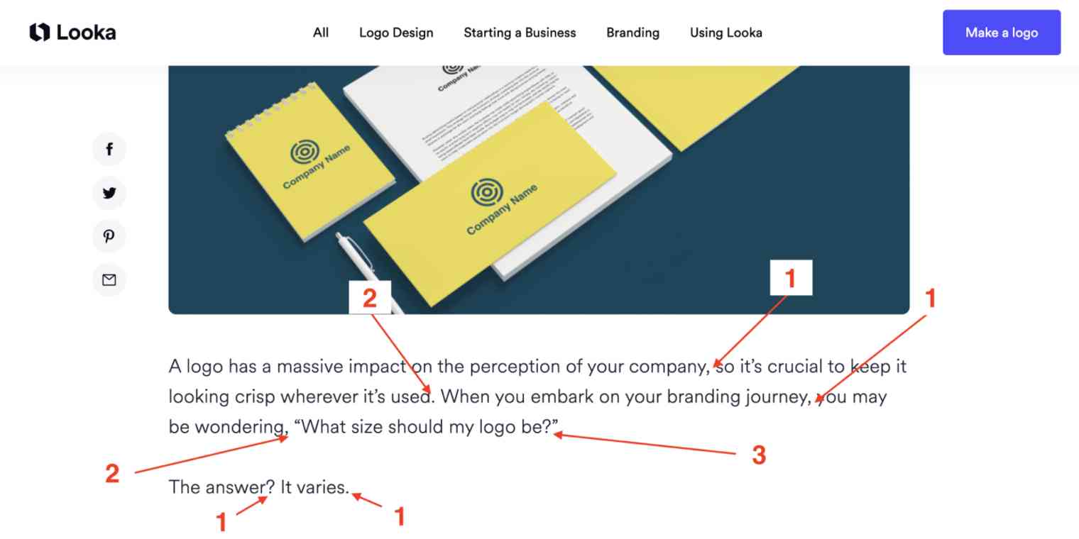 Hero image of a screenshot of a blog post on Looka, with arrows pointing to different brand voice elements
