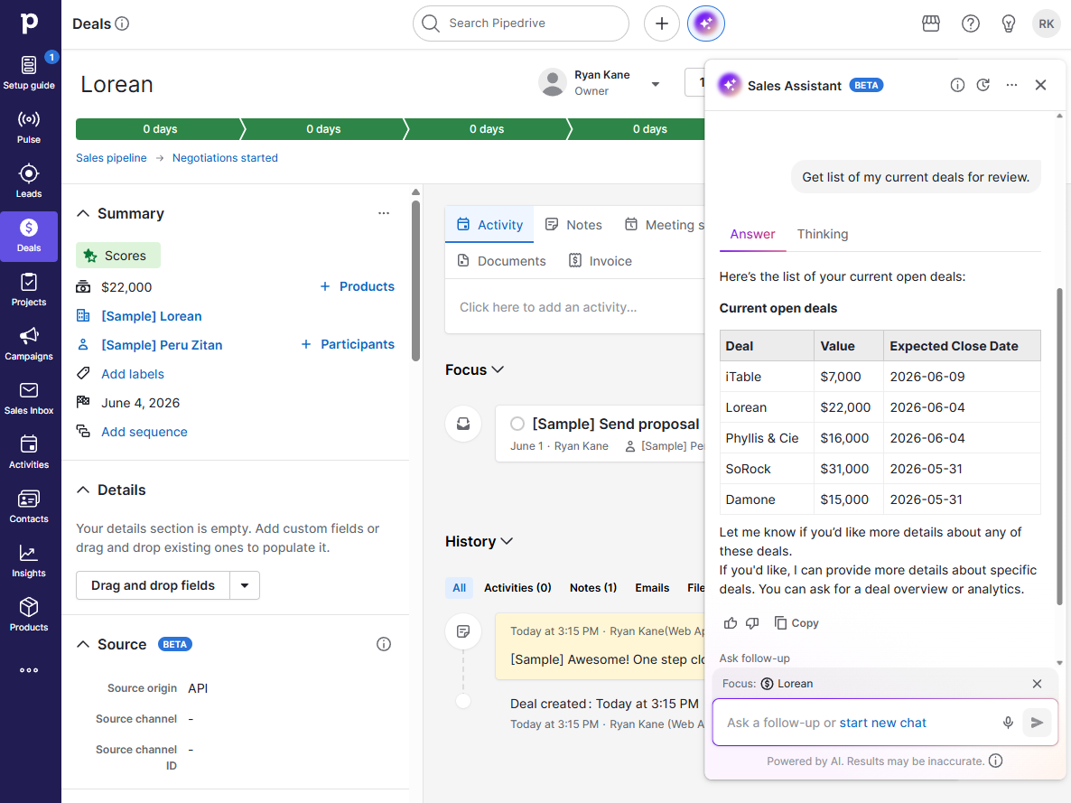 The AI sales assistant in Pipedrive