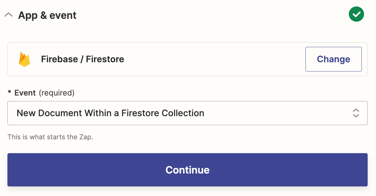 A screenshot of the setup for a Firebase trigger step in the Zapier editor.