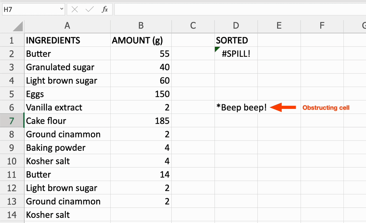 A screen recording of an Excel worksheet with the text Beep beep! in cell D2, blocking the spill range in column D.