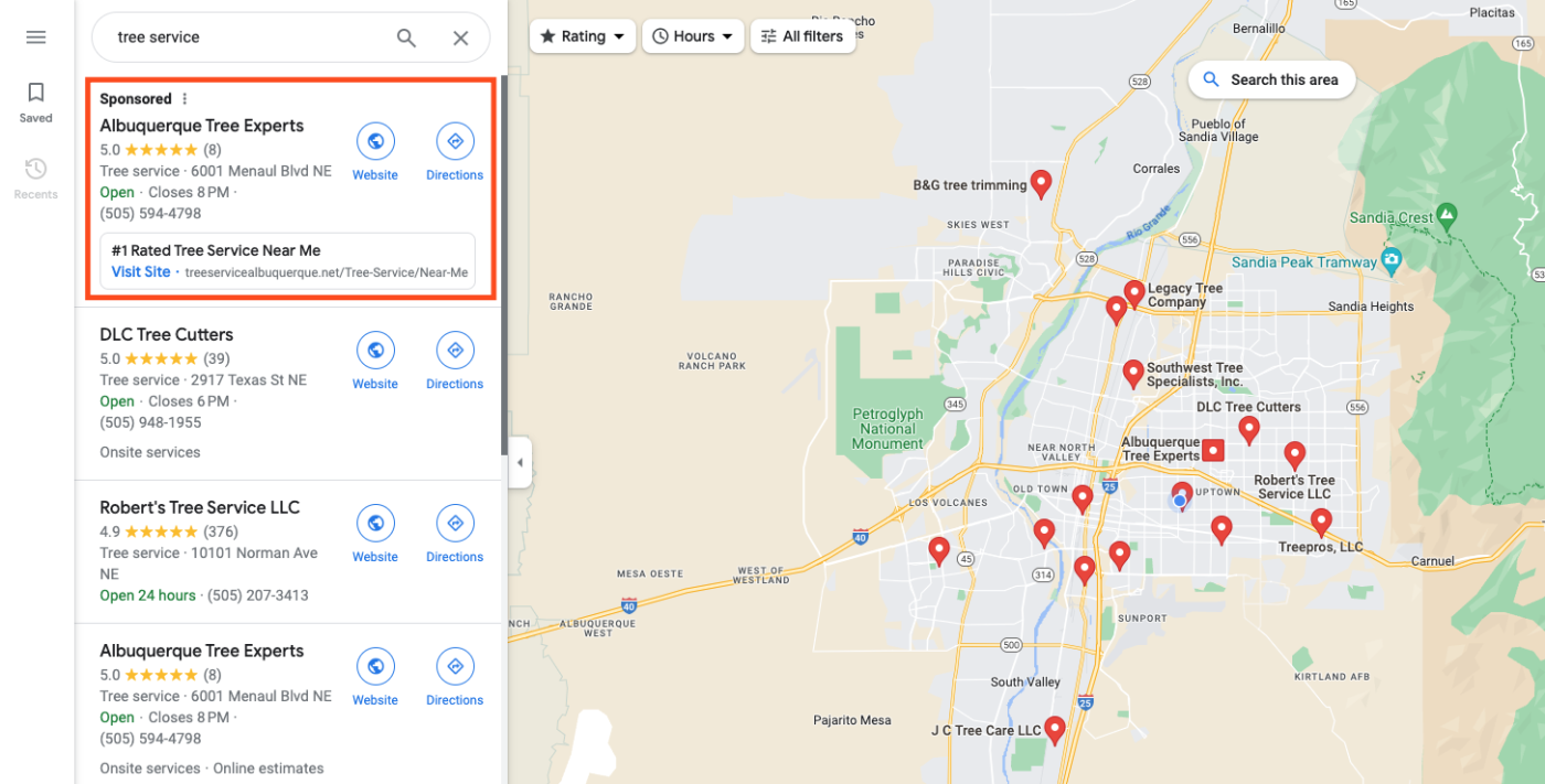 Screenshot of two highlighted Local Services Ads in the Google Maps feed for landscaping businesses.