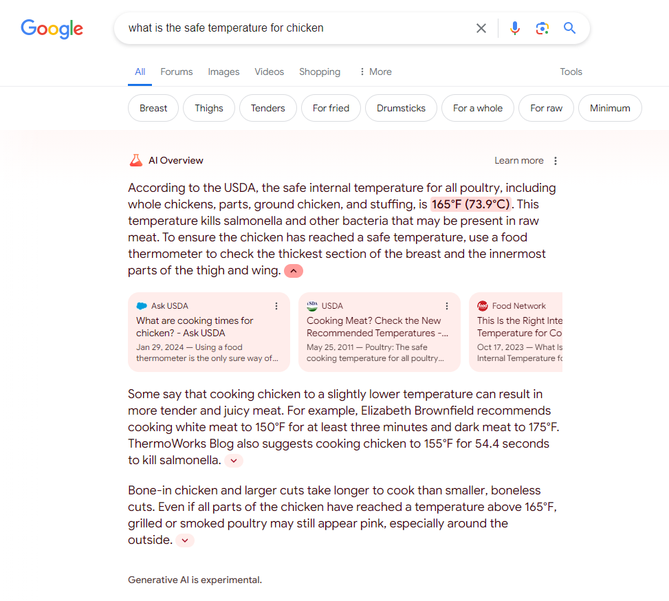The AI overview for "what is the safe temperature for chicken"