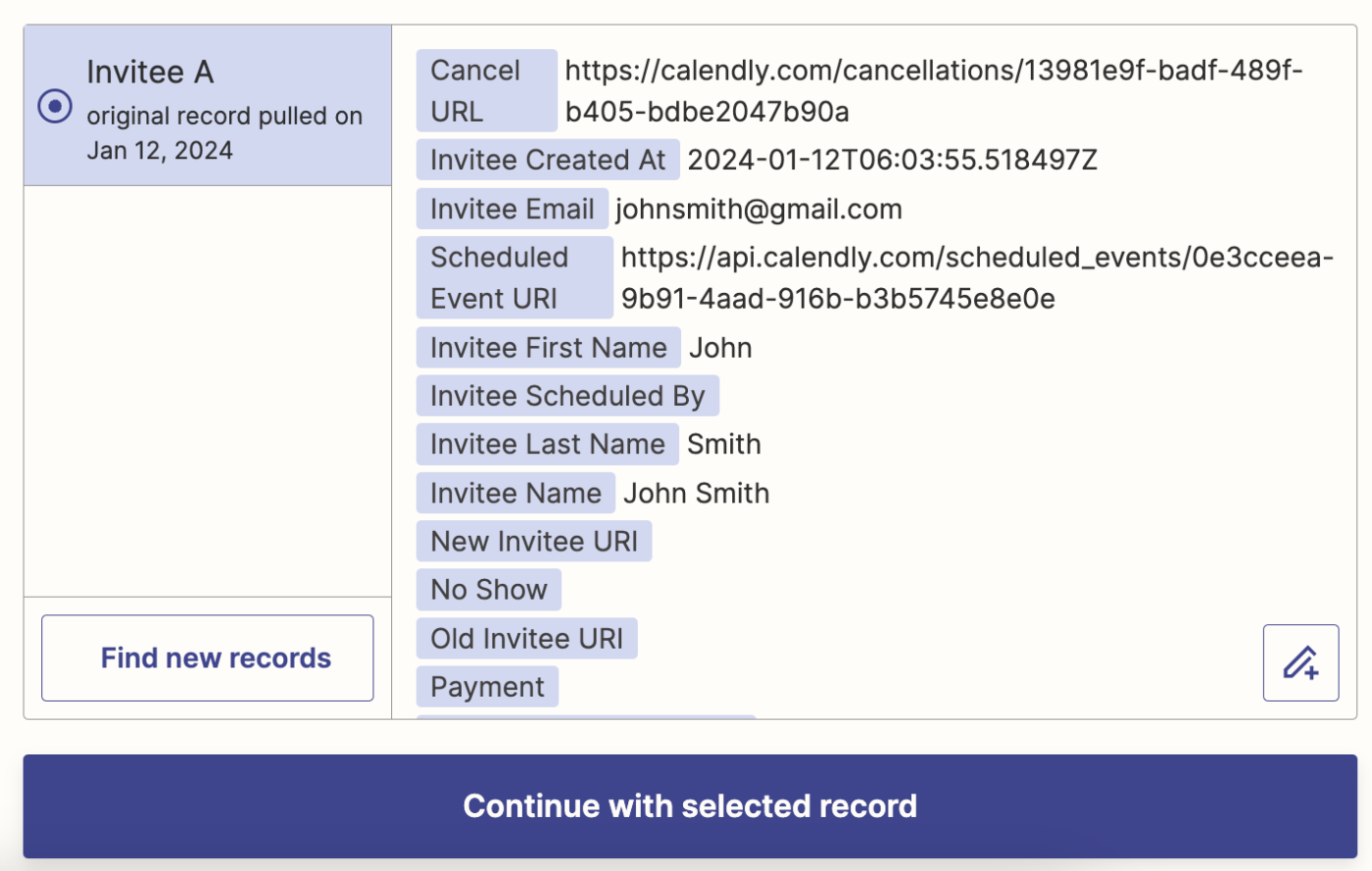 Sample Calendly event data in the Zap editor.
