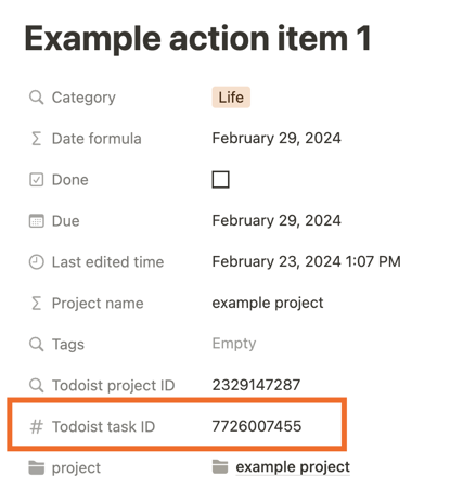 Screenshot of a Notion database item with the "Todoist task ID" property circled