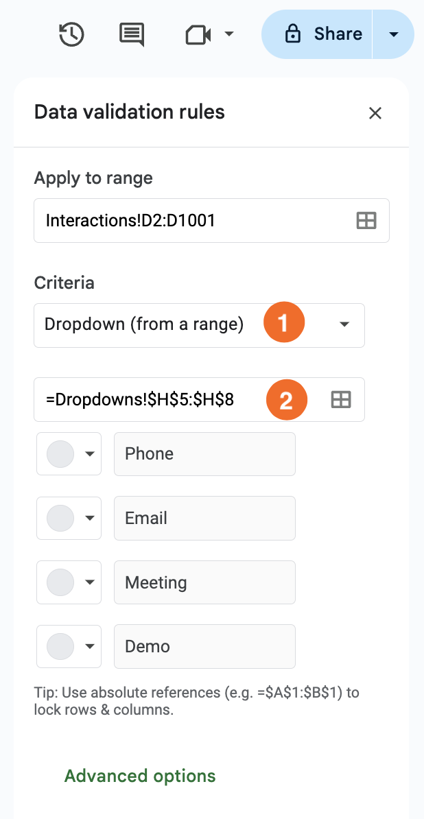 Screenshot of how to input a data validation rule in Google Sheets