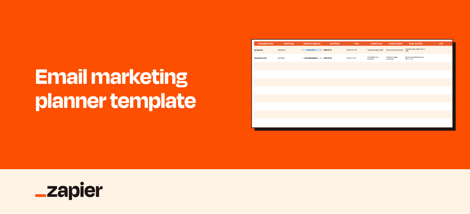 Screenshot of an email marketing planner template with two rows filled in.
