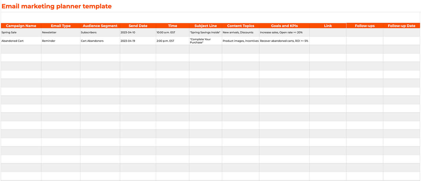 Screenshot of an email marketing planner template with two rows filled in.