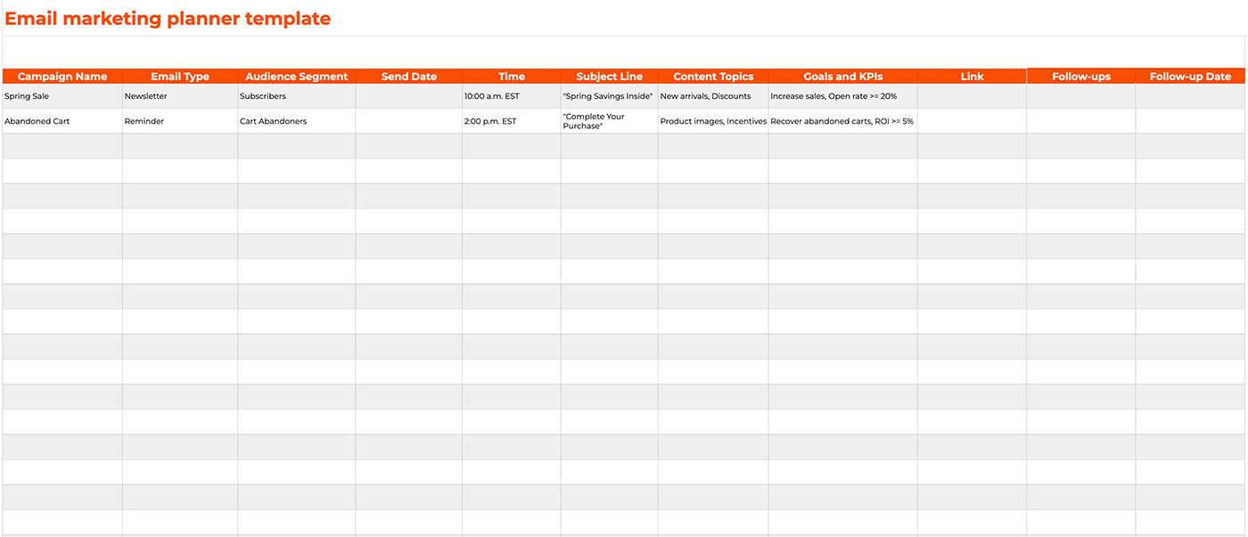 Screenshot of an email marketing planner template with two rows filled in.