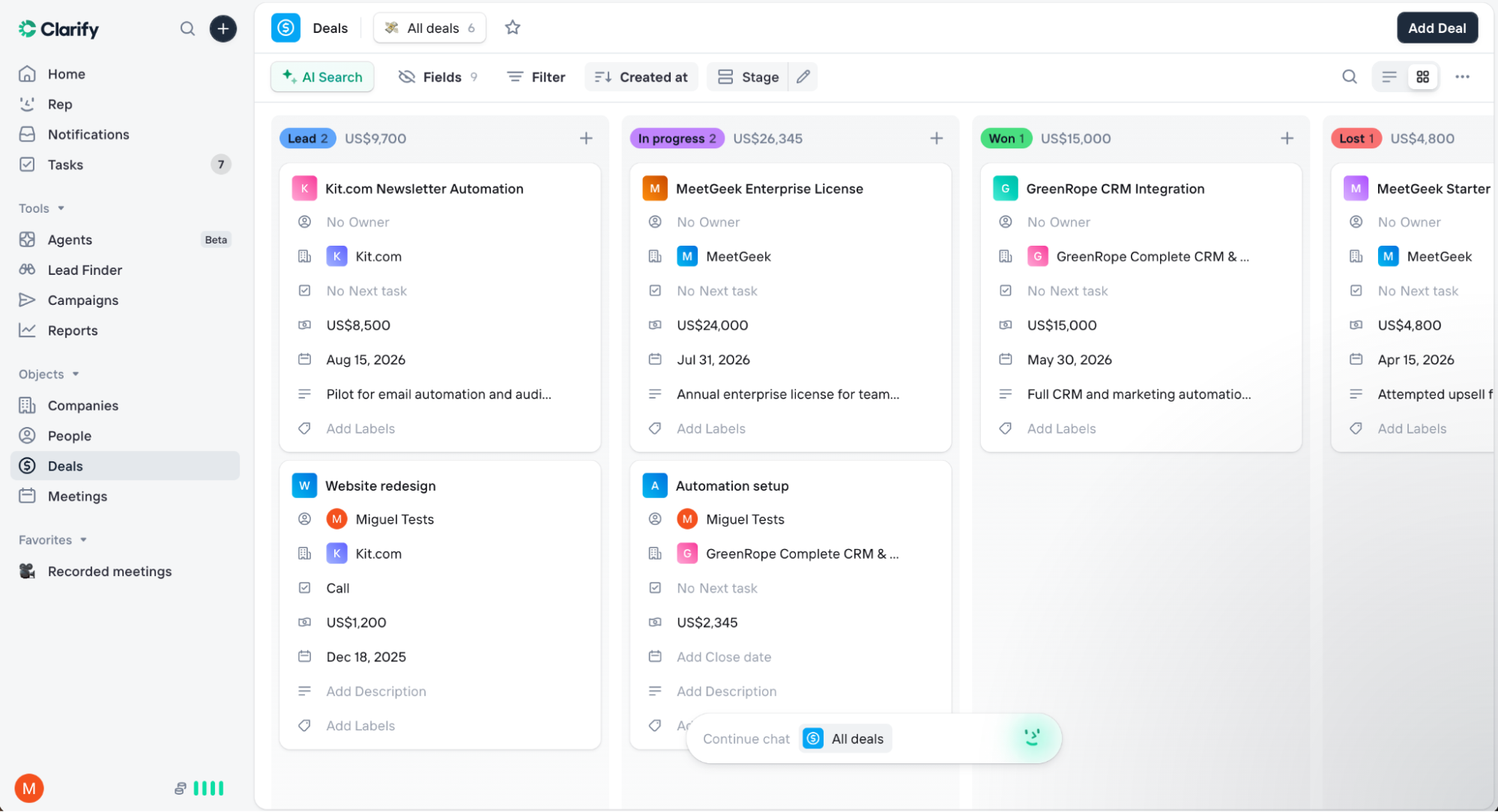Clarify, our pick for the best AI-native CRM for small business