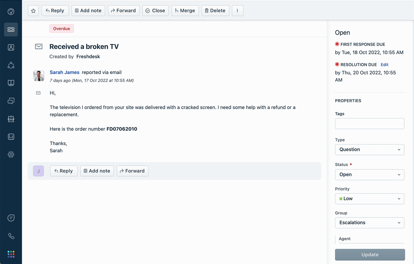 Recording of a sample reply to a customer ticket in Freshdesk. A keyboard shortcut is entered into the body of the reply to find and insert a canned response.