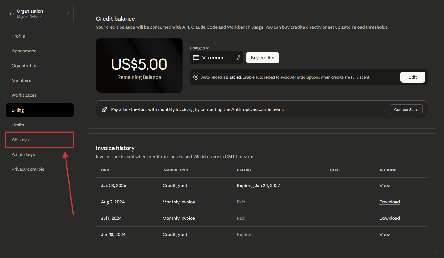 The API keys option in the Claude API menu
