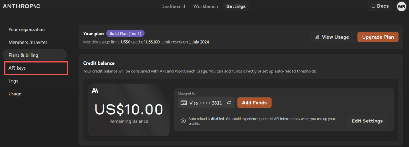 The Claude API settings page with funds loaded
