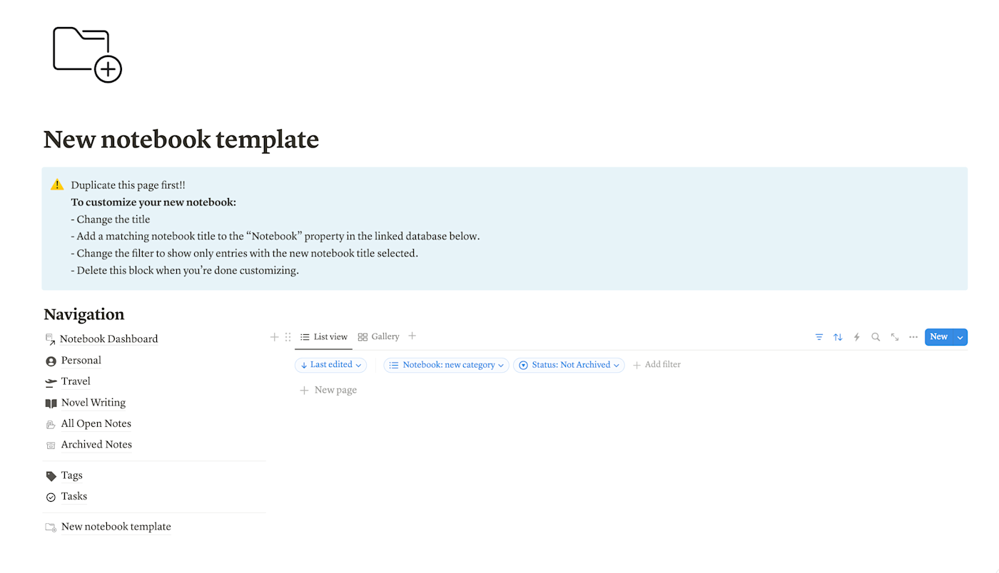 New notebook template in Notion