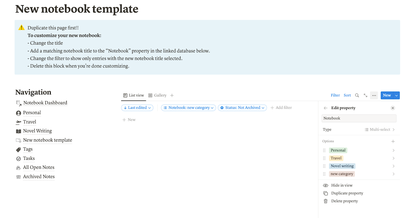 New notebook template in Notion