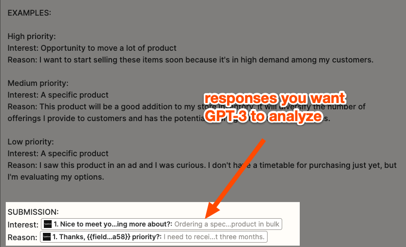 Select dynamic values to use in the submission section of the GPT-3 prompt. 