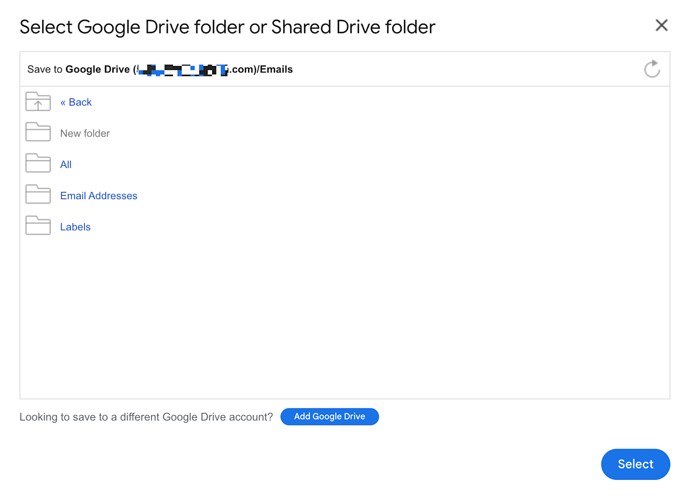 Google Drive folder selection window with options to save to a specified folder path.