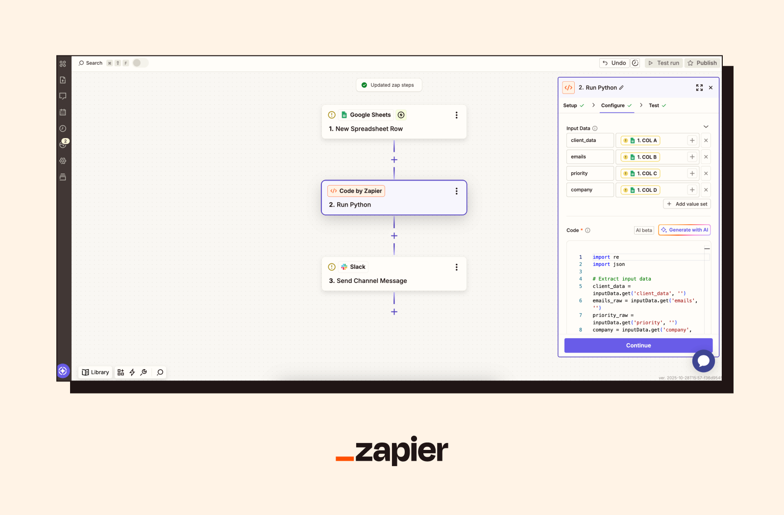 Screenshot of a Zapier client onboarding workflow automation