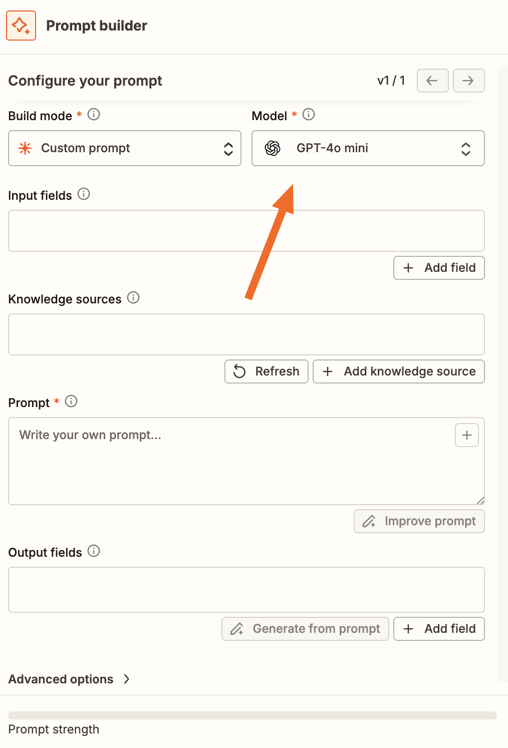 An orange arrow points to a list of available OpenAI models in a model dropdown in the Zap editor.