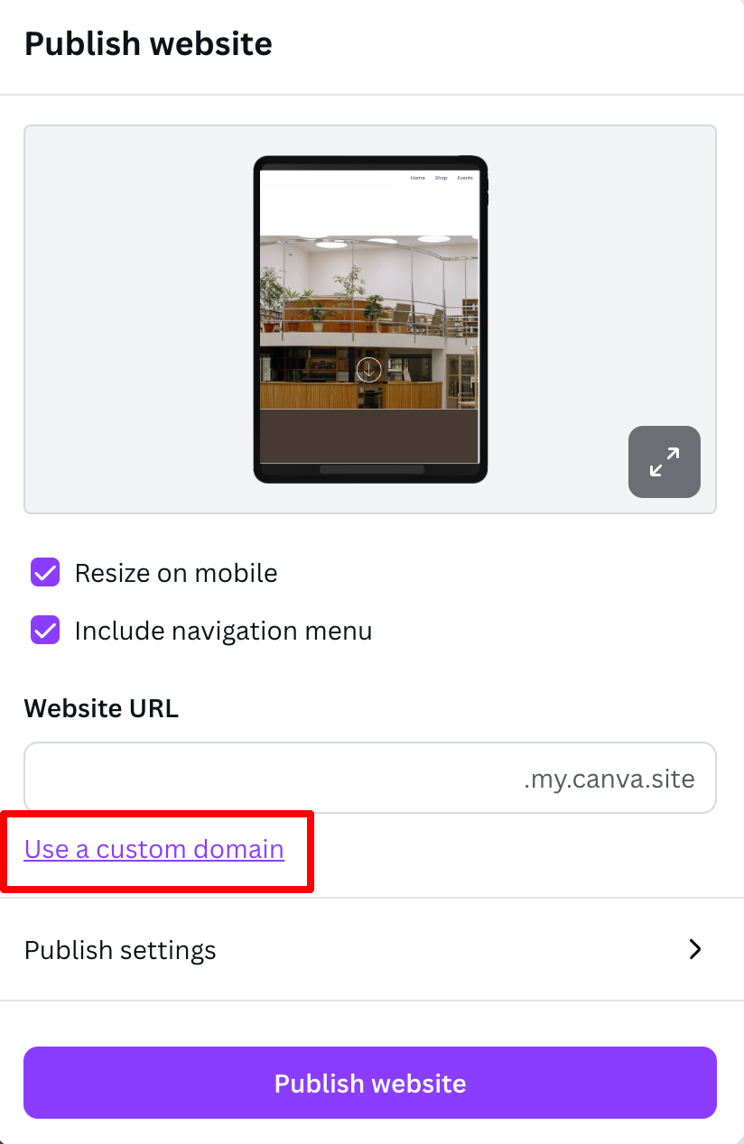 The option to use a custom domain when publishing a Canva website