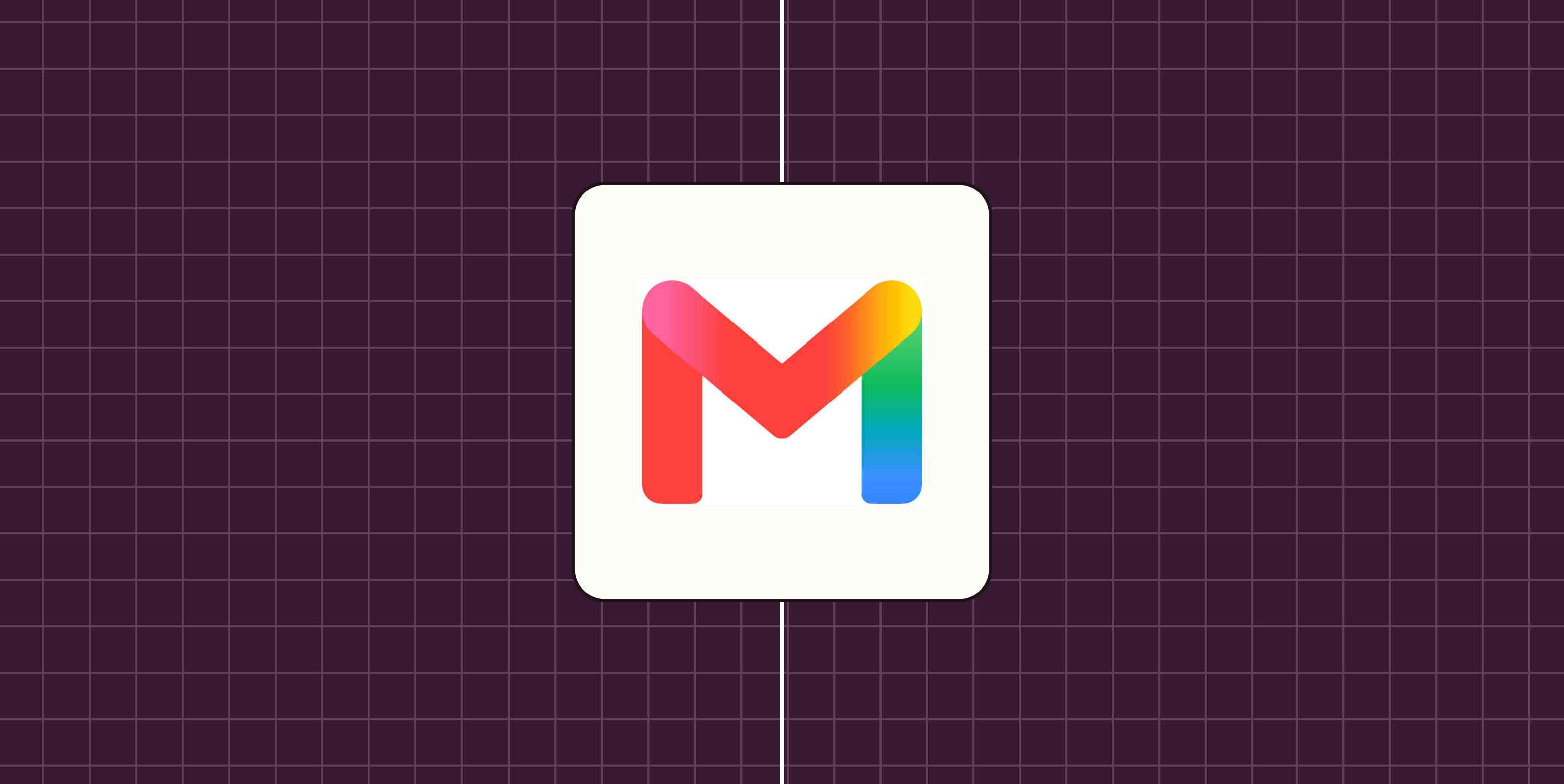 Gmail app logo against a purple checkered background.