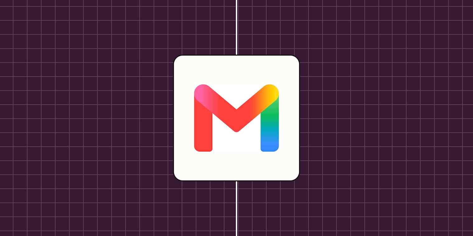 Gmail app logo against a purple checkered background.
