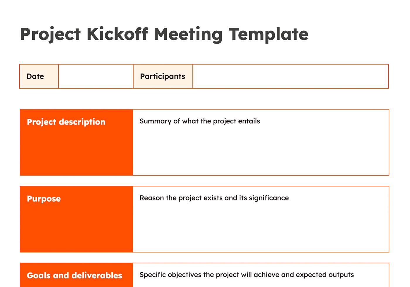 Screenshot of a project kickoff meeting template