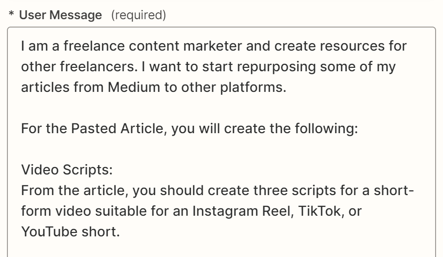 A ChatGPT prompt with instructions for writing video scripts from blog posts is shown in the User Message field in the Zap editor.