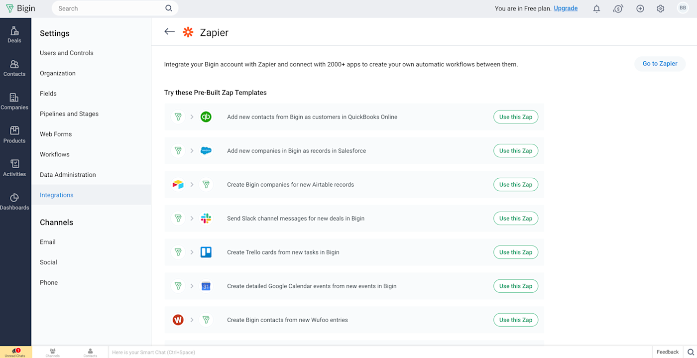 Bigin's ten most popular Zap templates displayed on integrations panel
