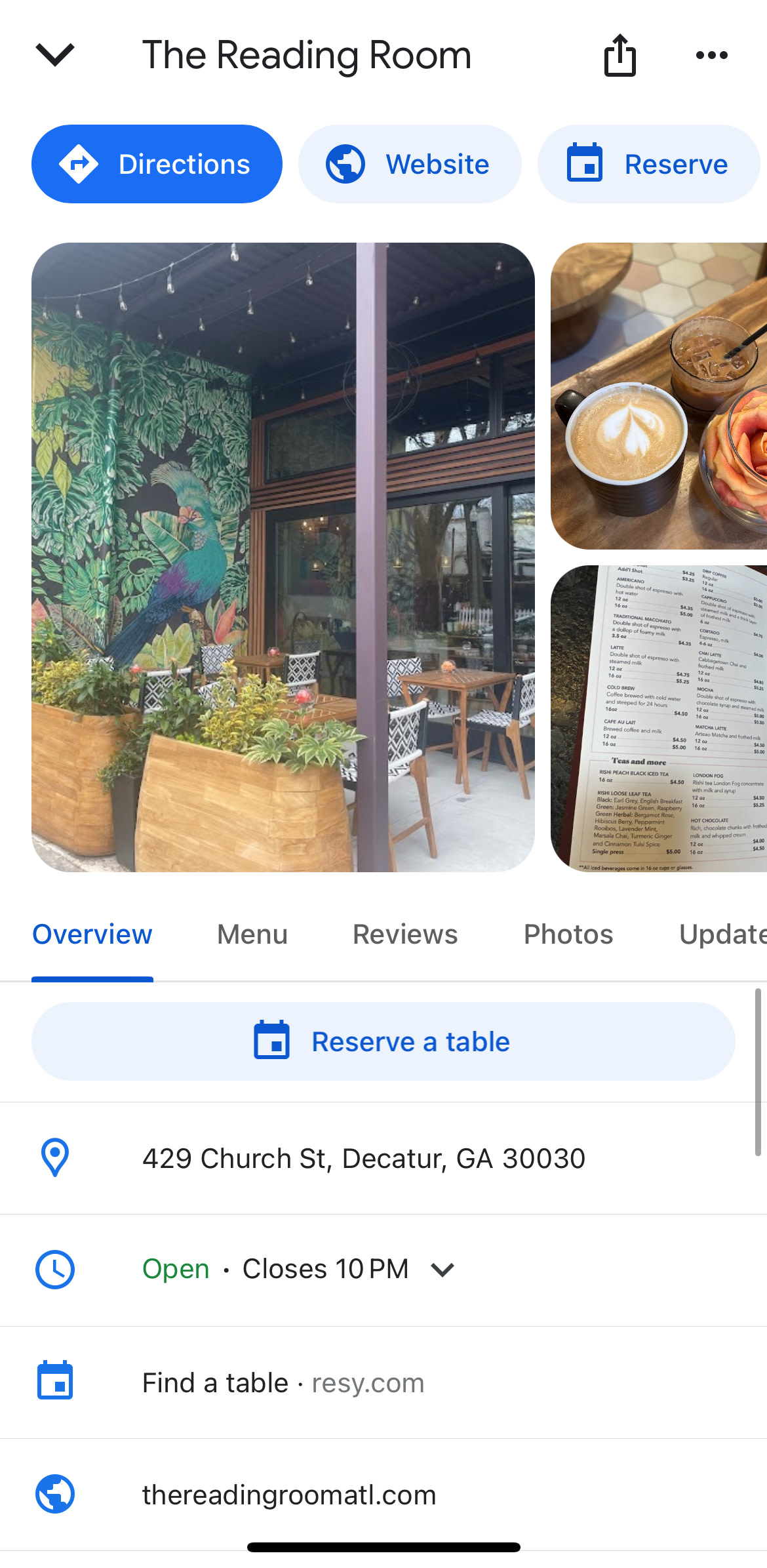 Google Business Profile page for the Reading Room.