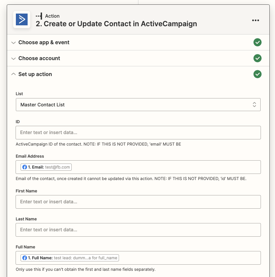 An action step in the Zap editor with Facebook Lead Ads data added in some of the fields.